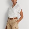 Blusa de gasa con ojales de Ralph Lauren para mujer, color blanco, de manga corta Blusa de gasa con ojales de Ralph Lauren para mujer, color blanco, de manga corta