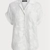 Blusa de gasa con ojales de Ralph Lauren para mujer, color blanco, de manga corta Blusa de gasa con ojales de Ralph Lauren para mujer, color blanco, de manga corta