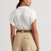 Blusa de gasa con ojales de Ralph Lauren para mujer, color blanco, de manga corta Blusa de gasa con ojales de Ralph Lauren para mujer, color blanco, de manga corta