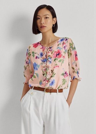 Blusa de georgette arrugada con estampado floral de Ralph Lauren en color rosa para mujer