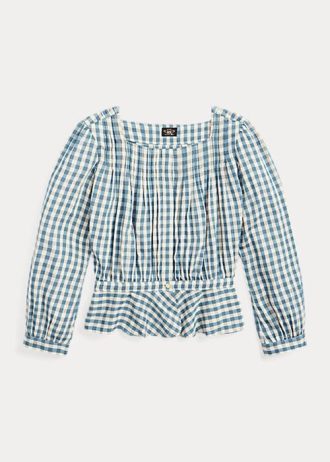 Blusa peplum de gasa a cuadros vichy de Ralph Lauren para mujer, color crema/azul