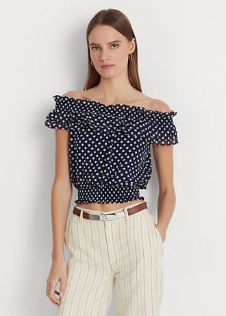 Blusa Ralph Lauren azul marino con lunares y hombros descubiertos para mujer