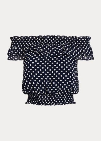 Blusa Ralph Lauren azul marino con lunares y hombros descubiertos para mujer