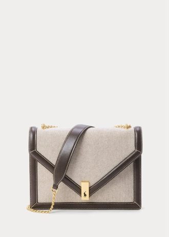 Bolso bandolera Ralph Lauren Polo ID de lona con cadena tipo sobre para mujer, color natural/tabaco