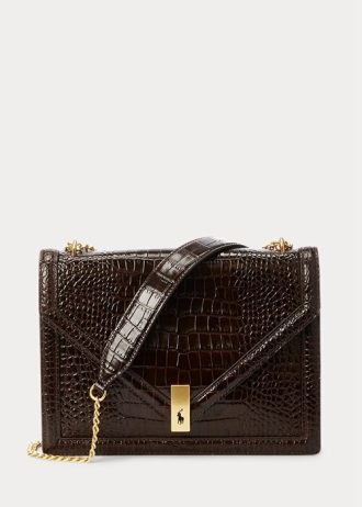 Bolso de mano Ralph Lauren Polo ID con cadena tipo sobre y estampado de cocodrilo para mujer, color chocolate