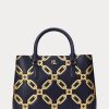 Bolso satchel mediano Marcy de piel con estampado metalizado en azul marino refinado y dorado moderno para mujer de Ralph Lauren