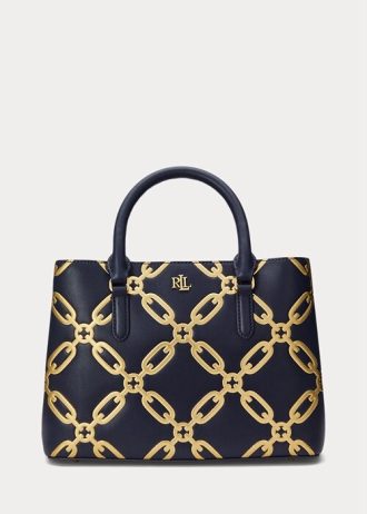 Bolso satchel mediano Marcy de piel con estampado metalizado en azul marino refinado y dorado moderno para mujer de Ralph Lauren