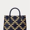 Bolso satchel mediano Marcy de piel con estampado metalizado en azul marino refinado y dorado moderno para mujer de Ralph Lauren