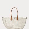 Bolsos tote Bellport grandes de crochet con ribete de cuero de Ralph Lauren para mujer en color crema pergamino