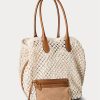 Bolsos tote Bellport grandes de crochet con ribete de cuero de Ralph Lauren para mujer en color crema pergamino