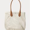 Bolsos tote Bellport grandes de crochet con ribete de cuero de Ralph Lauren para mujer en color crema pergamino