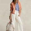 Bolsos tote Bellport grandes de crochet con ribete de cuero de Ralph Lauren para mujer en color crema pergamino