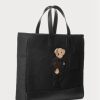 Bolsos tote de lona con ribete de cuero Ralph Lauren Polo Bear para hombre, color negro