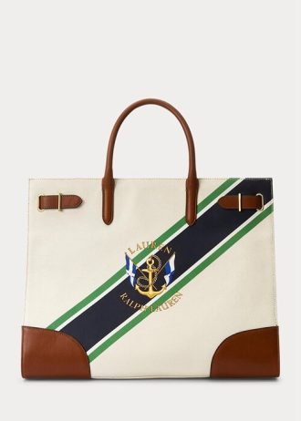 Bolsos tote grandes Devyn de lona con estampado de rayas naturales y gráficas para mujer de Ralph Lauren