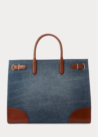 Bolsos tote grandes Devyn de Ralph Lauren para mujer en denim con ribete de cuero y lavado índigo Sunset/Lauren