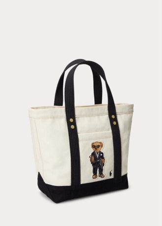 Bolsos tote pequeños Ralph Lauren de lona color crudo/negro para mujer