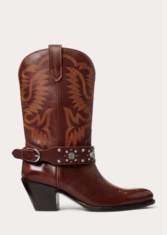 Botas vaqueras marrones de piel de becerro con tachuelas de Ralph Lauren para mujer