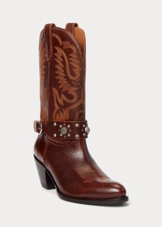 Botas vaqueras marrones de piel de becerro con tachuelas de Ralph Lauren para mujer