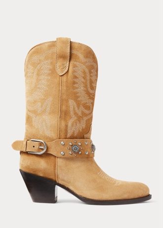 Botas vaqueras Ralph Lauren de ante con tachuelas para mujer, color caqui