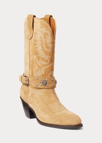 Botas vaqueras Ralph Lauren de ante con tachuelas para mujer, color caqui