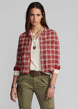 Camisas de campamento de jersey con estampado a cuadros Ralph Lauren para mujer en rojo