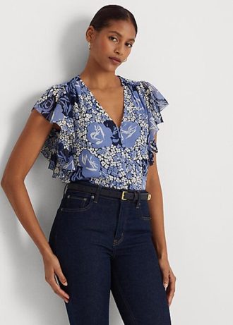 Camisas de georgette arrugadas con estampado floral de Ralph Lauren para mujer en azul