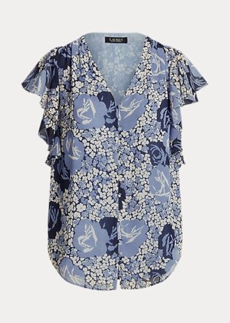 Camisas de georgette arrugadas con estampado floral de Ralph Lauren para mujer en azul