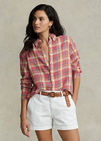 Camisas de lino a cuadros de corte relajado de Ralph Lauren para mujer en color rosa
