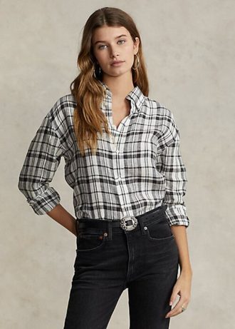 Camisas de lino a cuadros de corte relajado Ralph Lauren para mujer en blanco y negro