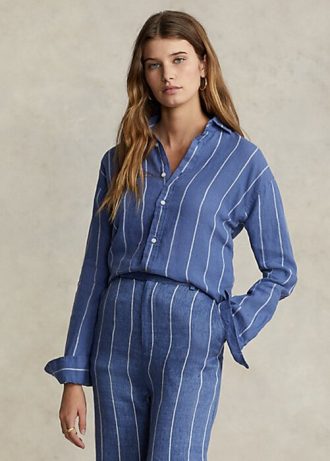 Camisas de lino a rayas de corte relajado de Ralph Lauren para mujer en azul