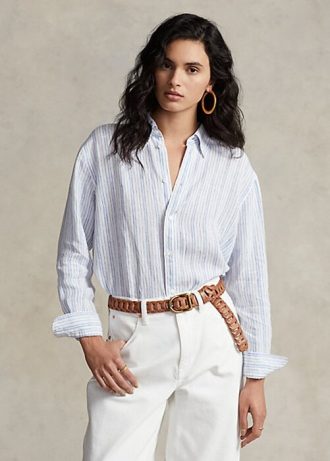 Camisas de lino a rayas de corte relajado de Ralph Lauren para mujer en azul