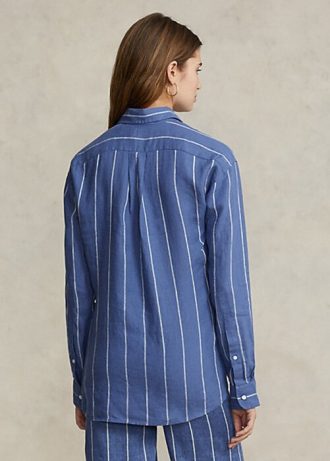 Camisas de lino a rayas de corte relajado de Ralph Lauren para mujer en azul