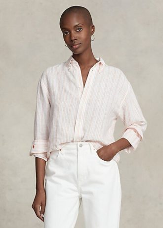 Camisas de lino a rayas de corte relajado de Ralph Lauren para mujer en color rosa