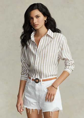 Camisas de lino a rayas de corte relajado Ralph Lauren para mujer en marrón/blanco