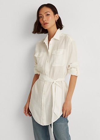 Camisas de lino con cinturón Ralph Lauren blancas para mujer