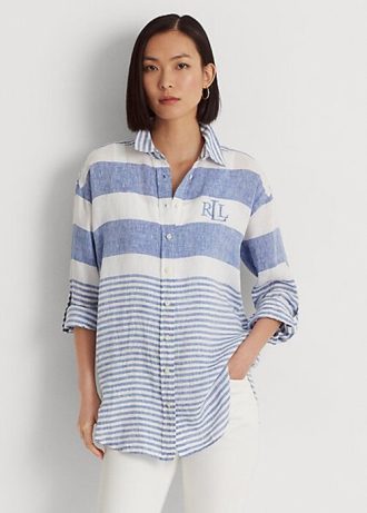 Camisas de lino extragrandes a rayas Ralph Lauren para mujer en azul y blanco