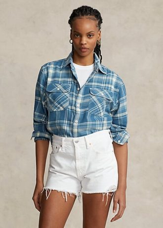 Camisas de sarga de algodón a cuadros Ralph Lauren azules para mujer