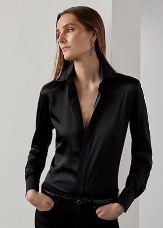 Camisas de seda morera elástica Ralph Lauren Cameron para mujer, color negro