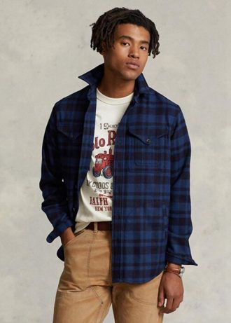 Camisas Ralph Lauren de mezcla de lana a cuadros para hombre, color azul marino