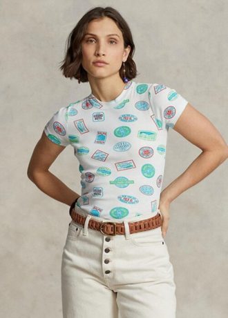Camisetas blancas de algodón acanalado con motivo de viaje de Ralph Lauren para mujer Camisetas blancas de algodón acanalado con motivo de viaje de Ralph Lauren para mujer