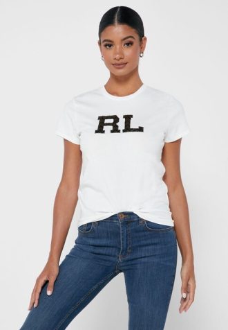 Camisetas blancas de cuello redondo con gráficos de Ralph Lauren para mujer Camisetas blancas de cuello redondo con gráficos de Ralph Lauren para mujer