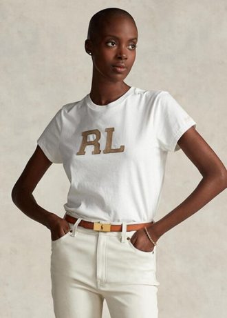 Camisetas blancas de jersey Ralph Lauren RL con apliques de gamuza para mujer Camisetas blancas de jersey Ralph Lauren RL con apliques de gamuza para mujer