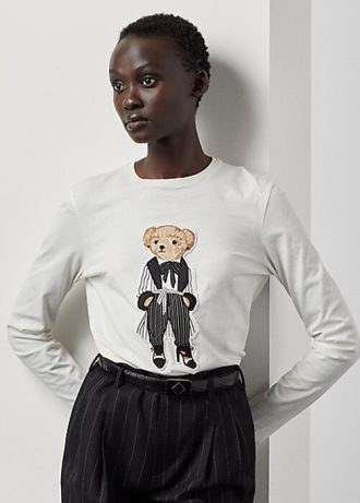 Camisetas blancas de manga larga de algodón Ralph Lauren Cinema Polo Bear para mujer Camisetas blancas de manga larga de algodón Ralph Lauren Cinema Polo Bear para mujer