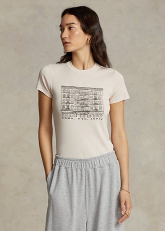 Camisetas de algodón acanaladas con gráficos ajustados de Ralph Lauren para mujer en color rosa Camisetas de algodón acanaladas con gráficos ajustados de Ralph Lauren para mujer en color rosa