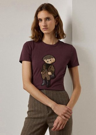 Camisetas de algodón con oso de tweed Ralph Lauren en color burdeos para mujer Camisetas de algodón con oso de tweed Ralph Lauren en color burdeos para mujer