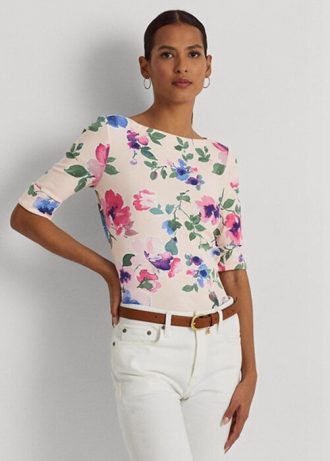 Camisetas de algodón elástico con estampado floral de Ralph Lauren para mujer en color rosa