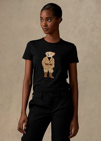 Camisetas de algodón Ralph Lauren Safari Polo Bear para mujer, color negro