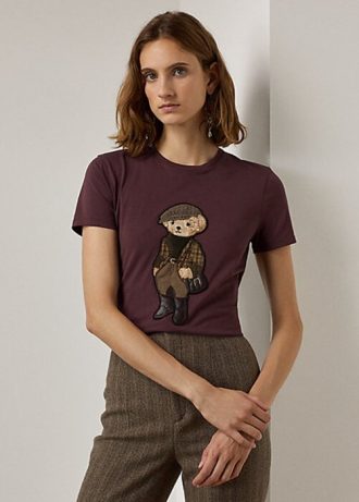 Camisetas de algodón Ralph Lauren Tweed Polo Bear en color burdeos para mujer