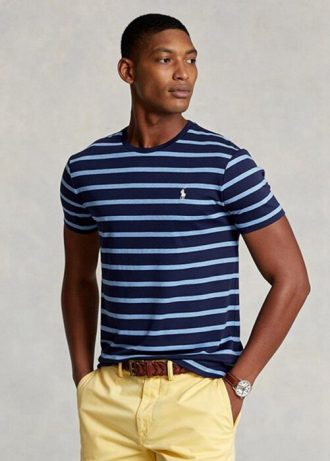 Camisetas de algodón suave a rayas entalladas personalizadas Ralph Lauren para hombre en color azul marino