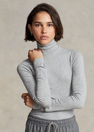 Camisetas de cuello alto acanaladas elásticas Ralph Lauren grises para mujer